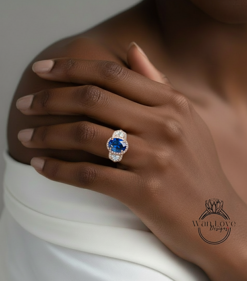 Blue Sapphire & Diamond Oval half moon Triple halo 3 sided engagement ring rose gold ring vintage ring art deco unique Bridal Wedding ring Anniversary gift