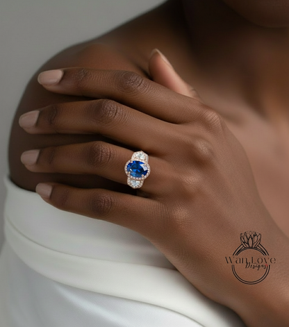 Blue Sapphire & Diamond Oval half moon Triple halo 3 sided engagement ring rose gold ring vintage ring art deco unique Bridal Wedding ring Anniversary gift