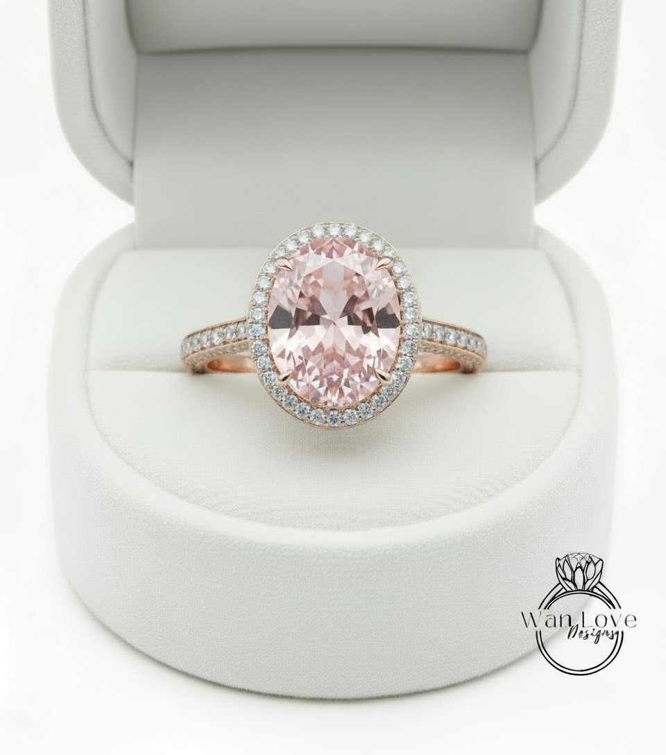 Light Pink Sapphire & Diamond Oval Halo 3 sided Engagement Ring, 14k 18k White Yellow Rose Gold, Platinum, Wedding, Anniversary Gift