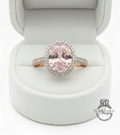 Light Pink Sapphire & Diamond Oval Halo 3 sided Engagement Ring, 14k 18k White Yellow Rose Gold, Platinum, Wedding, Anniversary Gift