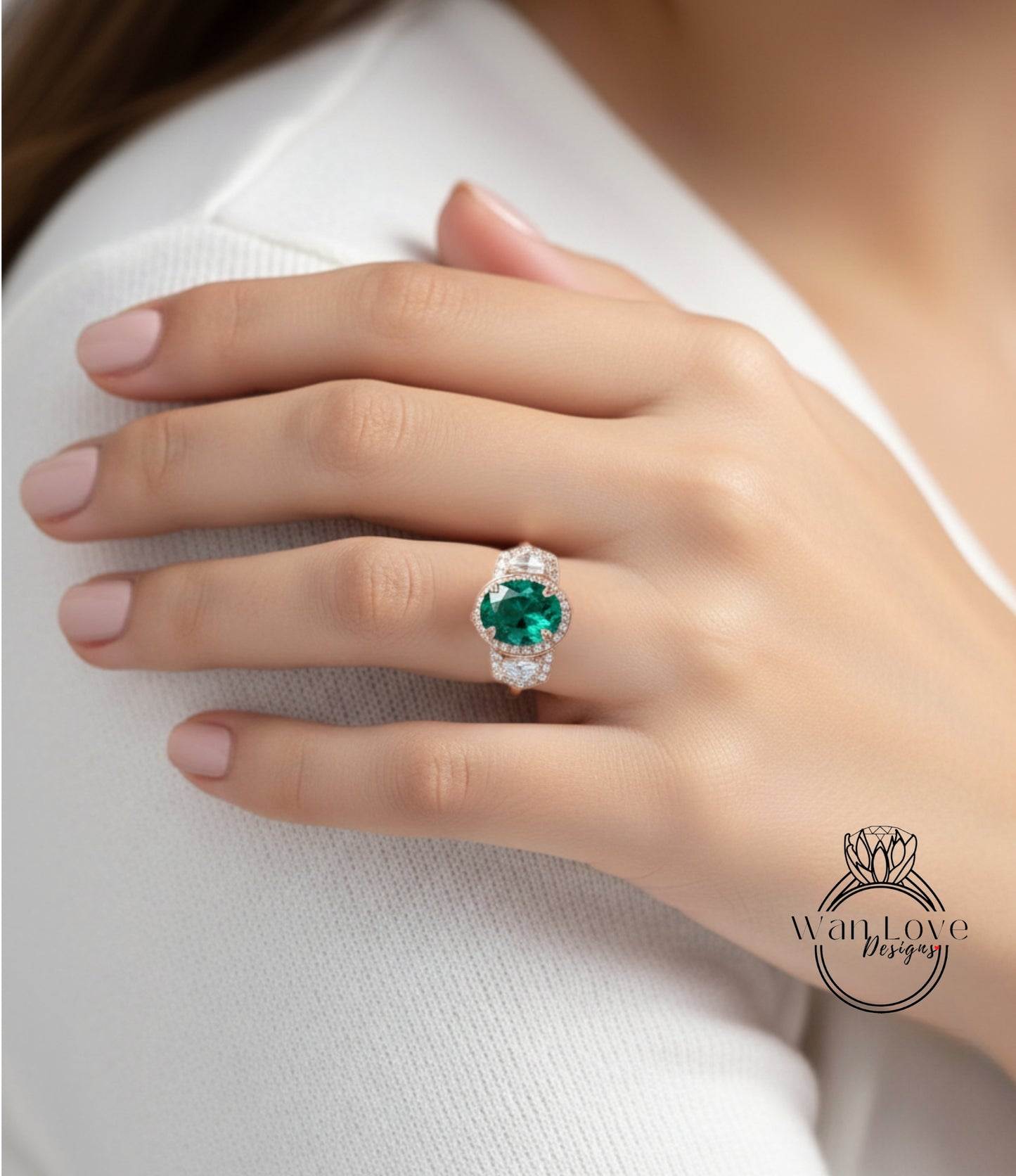 Emerald & Diamond Oval half moon Triple halo 3 sided engagement ring rose gold ring vintage ring art deco unique Bridal Wedding ring Anniversary gift