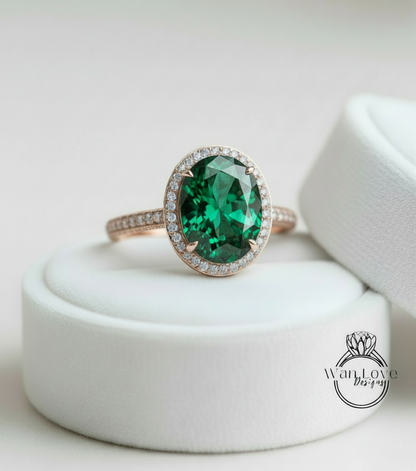 Anello di fidanzamento ovale con smeraldo Anello stile celebrità Anello con diamanti vintage Lato nascosto Halo Anello nuziale Art Deco Anniversario Regalo per lei