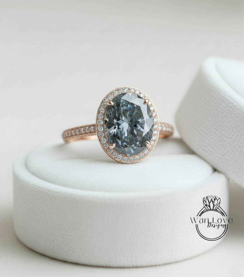 Grey Moissanite & Diamond Oval Halo 3 sided Engagement Ring, 14k 18k White Yellow Rose Gold, Platinum, Wedding, Anniversary Gift