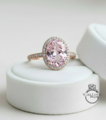 Light Pink Sapphire & Diamond Oval Halo 3 sided Engagement Ring, 14k 18k White Yellow Rose Gold, Platinum, Wedding, Anniversary Gift
