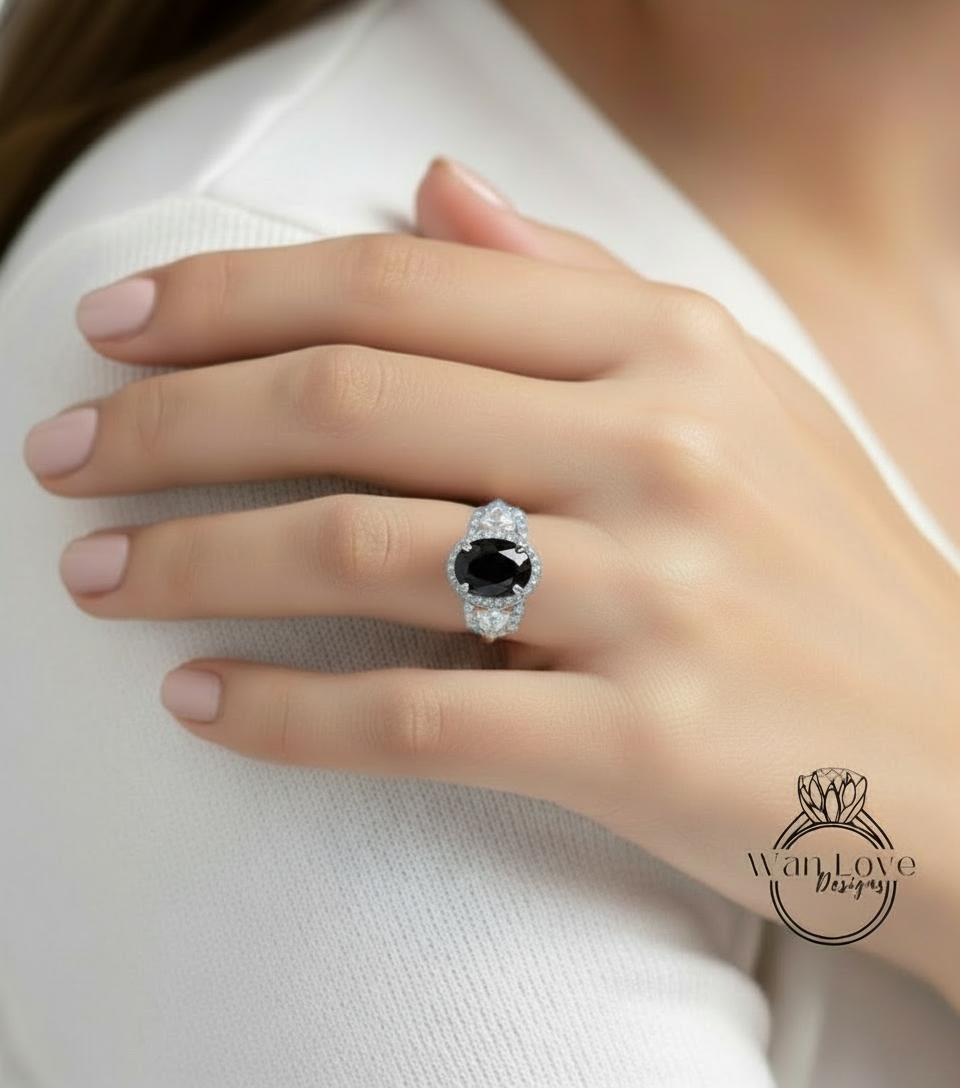 Anello di fidanzamento ovale con spinello nero, trapezio a mezza luna, 3ct, 9x7mm, personalizzato, oro rosa giallo bianco 14k 18k, platino, matrimonio, regalo di anniversario