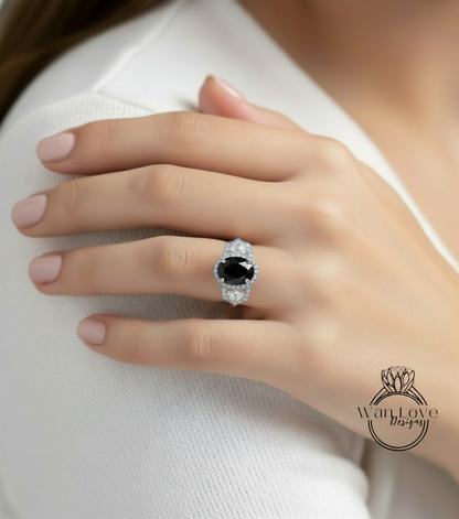 Anello di fidanzamento ovale con spinello nero, trapezio a mezza luna, 3ct, 9x7mm, personalizzato, oro rosa giallo bianco 14k 18k, platino, matrimonio, regalo di anniversario