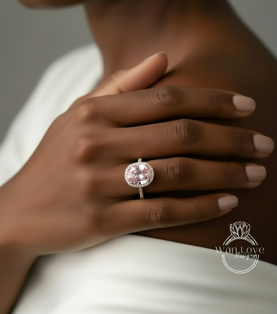 Light Pink Sapphire & Diamond Oval Halo 3 sided Engagement Ring, 14k 18k White Yellow Rose Gold, Platinum, Wedding, Anniversary Gift