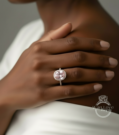 Light Pink Sapphire & Diamond Oval Halo 3 sided Engagement Ring, 14k 18k White Yellow Rose Gold, Platinum, Wedding, Anniversary Gift