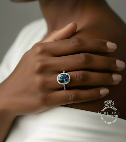 Alexandrite & Diamond Oval Halo 3 sided Engagement Ring, 14k 18k White Yellow Rose Gold, Platinum, Wedding, Anniversary Gift