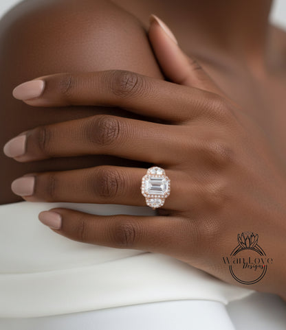 Moissanite & Diamonds Emerald 3 gem stone Engagement Ring Art Deco rose gold ring half moon trapezoid diamond triple halo bridal wedding ring anniversary gift