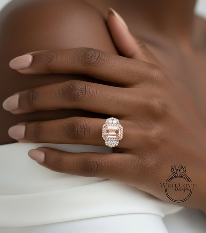 Anello baguette con zaffiro blu smeraldo e diamanti, anello di fidanzamento Art Déco, anello con pietra laterale con diamante, anello con tre pietre Halo con diamante