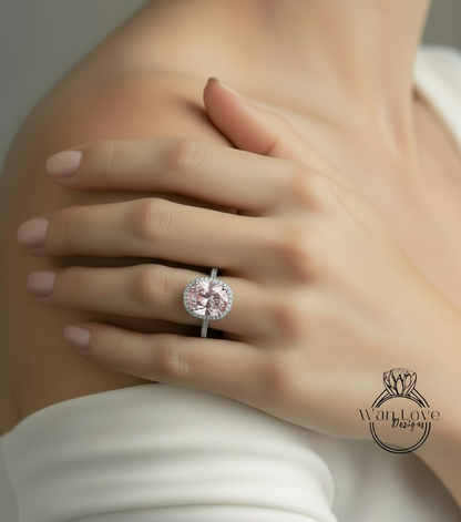 Light Pink Sapphire & Diamond Oval Halo 3 sided Engagement Ring, 14k 18k White Yellow Rose Gold, Platinum, Wedding, Anniversary Gift