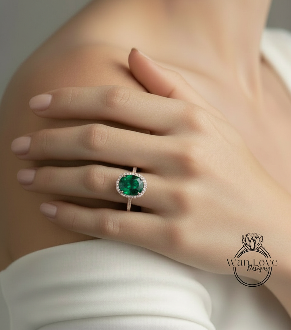 Anello di fidanzamento ovale con smeraldo Anello stile celebrità Anello con diamanti vintage Lato nascosto Halo Anello nuziale Art Deco Anniversario Regalo per lei