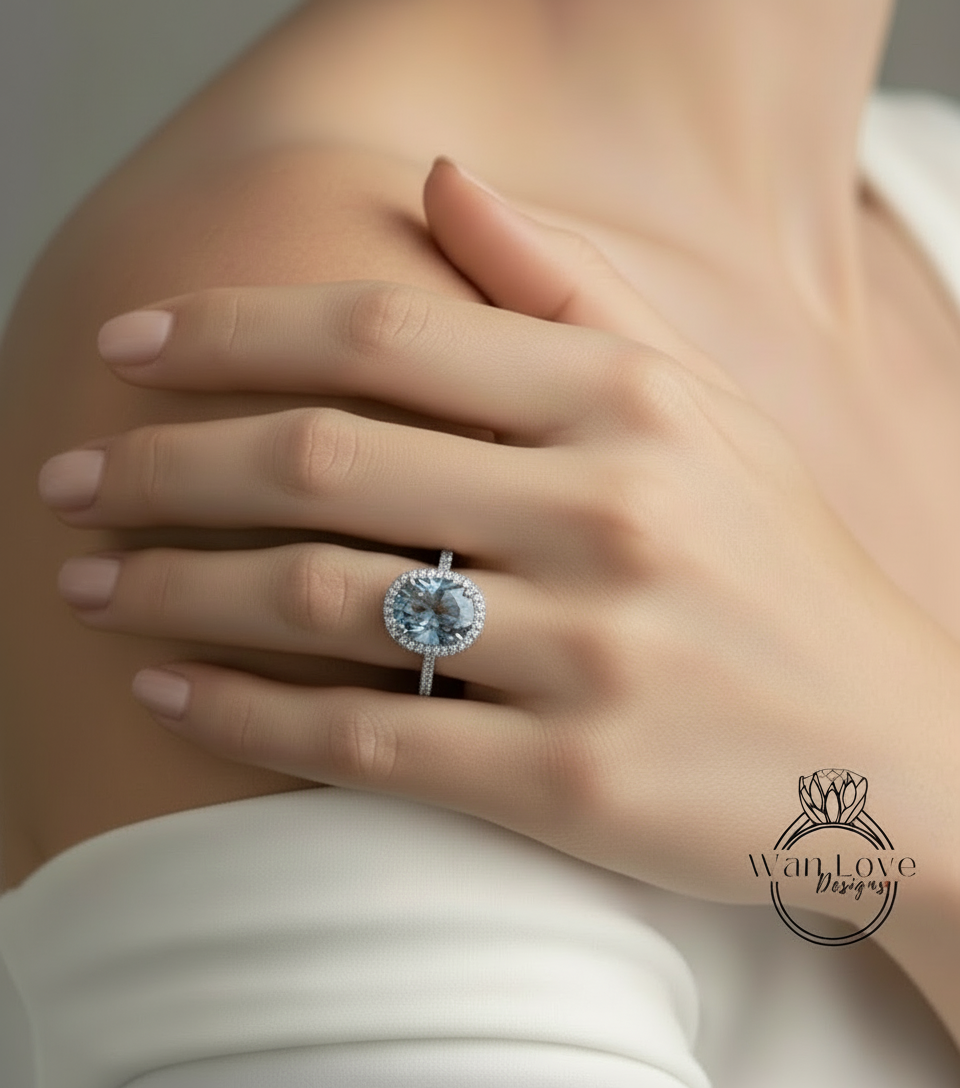 Grey Moissanite & Diamond Oval Halo 3 sided Engagement Ring, 14k 18k White Yellow Rose Gold, Platinum, Wedding, Anniversary Gift