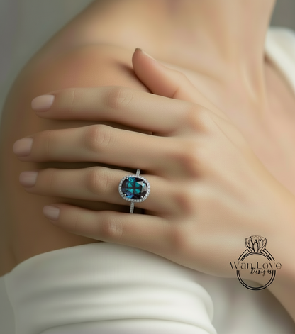 Alexandrite & Diamond Oval Halo 3 sided Engagement Ring, 14k 18k White Yellow Rose Gold, Platinum, Wedding, Anniversary Gift