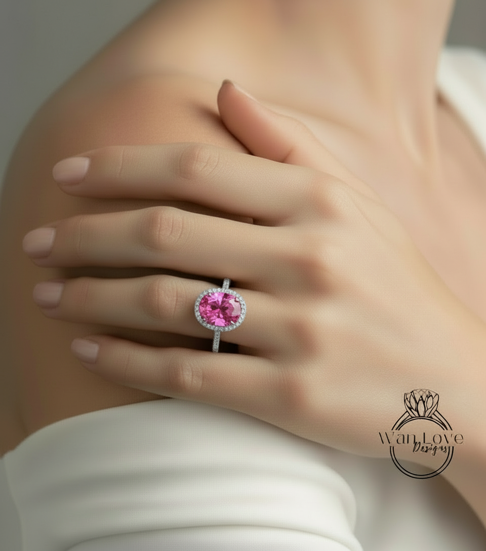 Anello di fidanzamento con zaffiro bianco a taglio ovale, anello di diamanti vintage con alone laterale, anello moissanite, anello in oro rosa, anello art deco, anello anniversario promessa.