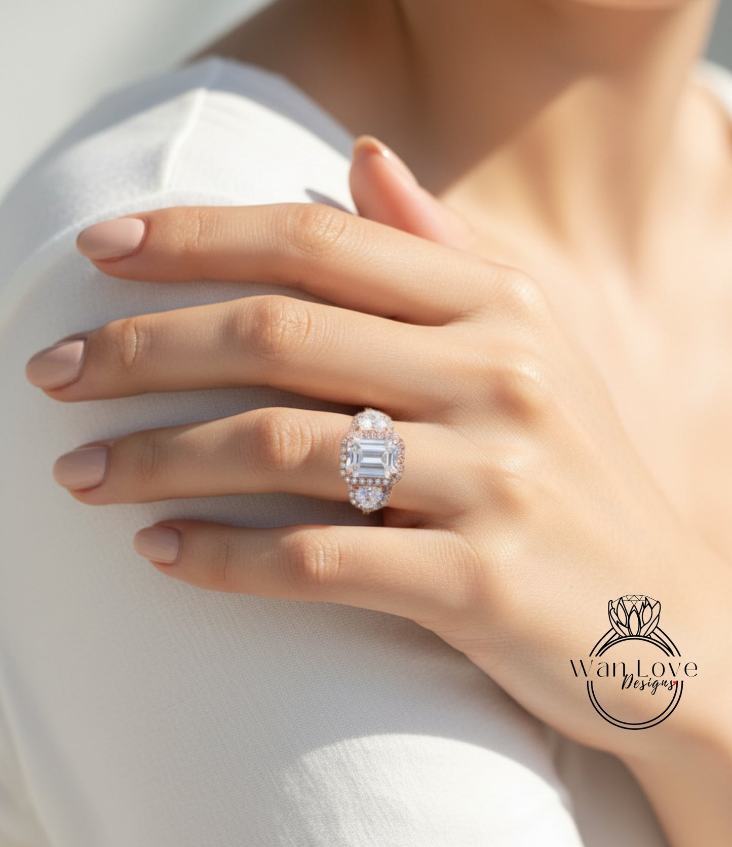 Moissanite & Diamonds Emerald 3 gem stone Engagement Ring Art Deco rose gold ring half moon trapezoid diamond triple halo bridal wedding ring anniversary gift