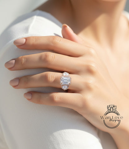 Moissanite & Diamonds Emerald 3 gem stone Engagement Ring Art Deco rose gold ring half moon trapezoid diamond triple halo bridal wedding ring anniversary gift