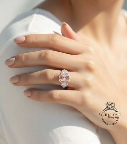 Anello baguette con zaffiro blu smeraldo e diamanti, anello di fidanzamento Art Déco, anello con pietra laterale con diamante, anello con tre pietre Halo con diamante