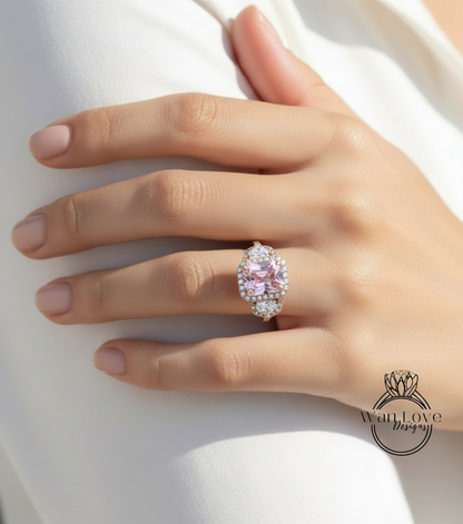 Anello baguette con zaffiro blu smeraldo e diamanti, anello di fidanzamento Art Déco, anello con pietra laterale con diamante, anello con tre pietre Halo con diamante