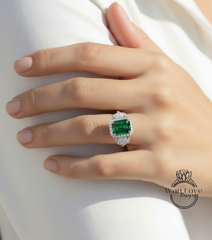 Cuscino allungato Art Déco Anello di fidanzamento con zaffiro blu Anello in oro rosa con tre pietre preziose Anello con mezzaluna e diamante Halo Anello di promessa anniversario