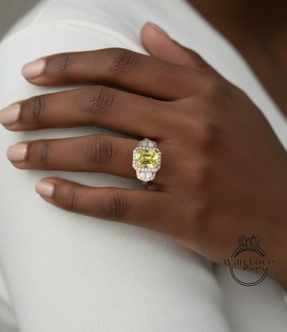 Anello baguette con zaffiro blu smeraldo e diamanti, anello di fidanzamento Art Déco, anello con pietra laterale con diamante, anello con tre pietre Halo con diamante