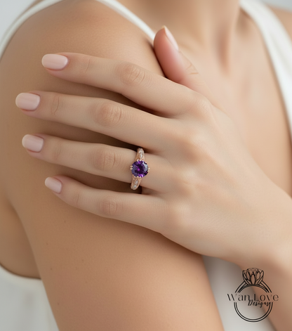 Anello di fidanzamento rotondo con incisione antica con alessandrite e diamante, personalizzato-14k 18k bianco giallo oro rosa-platino-anniversario di matrimonio