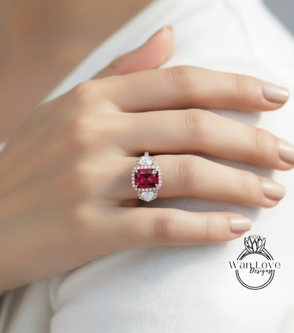 Cuscino allungato Art Déco Anello di fidanzamento con zaffiro blu Anello in oro rosa con tre pietre preziose Anello con mezzaluna e diamante Halo Anello di promessa anniversario