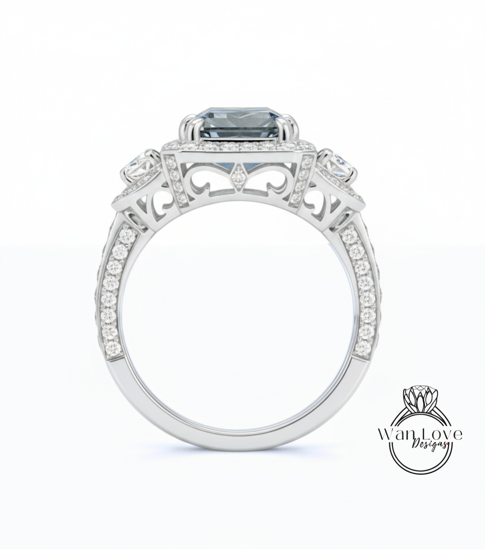 Anello di fidanzamento moissanite anello con taglio smeraldo anello in oro con tre pietre preziose anello con 3 aureole anello con diamanti moissanite anello con punta art deco vintage