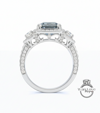 Anello di fidanzamento moissanite anello con taglio smeraldo anello in oro con tre pietre preziose anello con 3 aureole anello con diamanti moissanite anello con punta art deco vintage