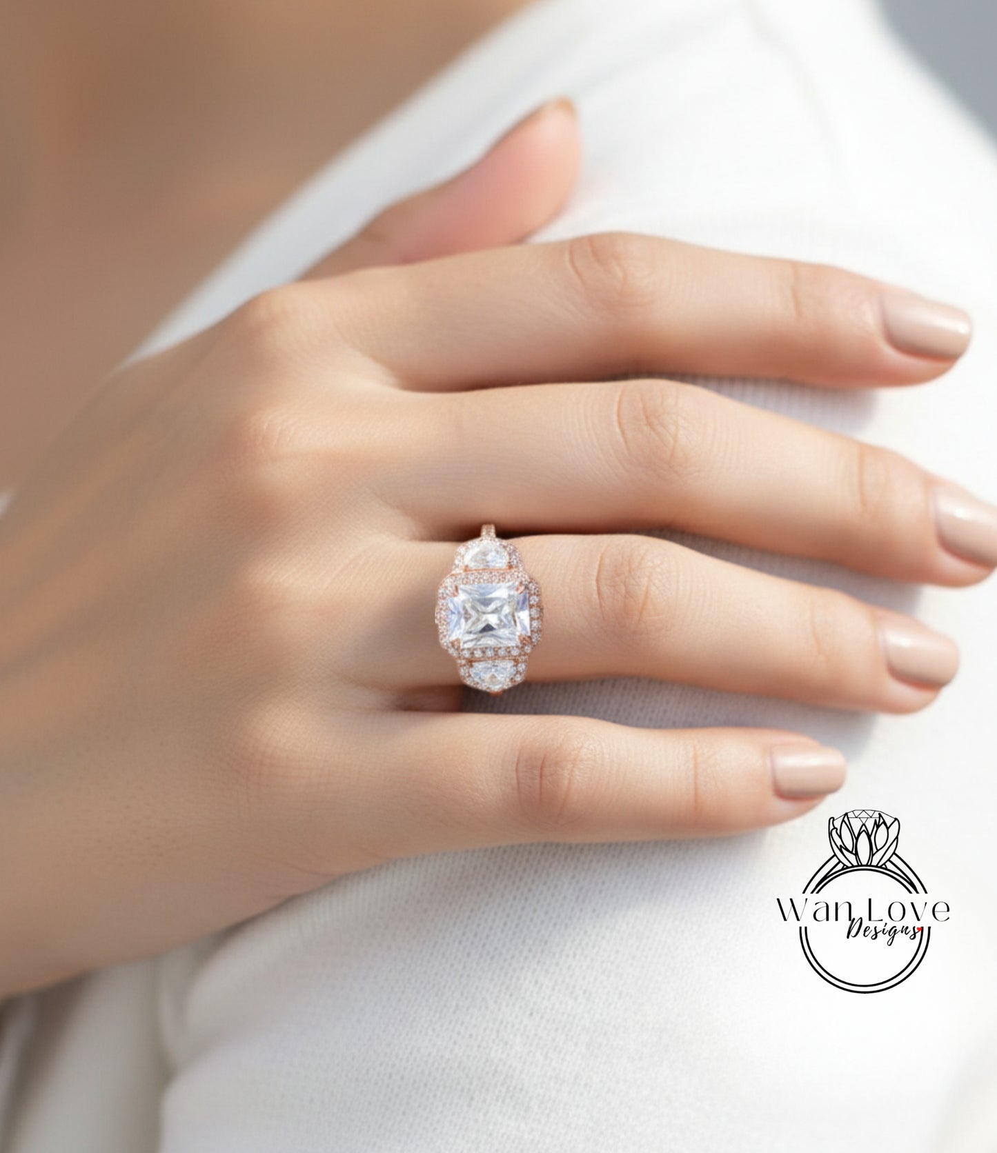 White Gold Three Stone Diamond Engagement Ring, three stone art deco ring, Anniversary gift for her, lab grown Diamond Engagement Ring