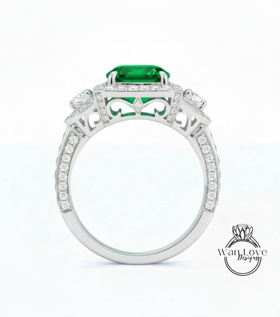 Emerald & Diamond Baguettes Emerald Halo Engagement Ring Contoured Wedding Band Set, 3ct 9x7mm, Custom, 14kt 18kt gold-Platinum-Custom