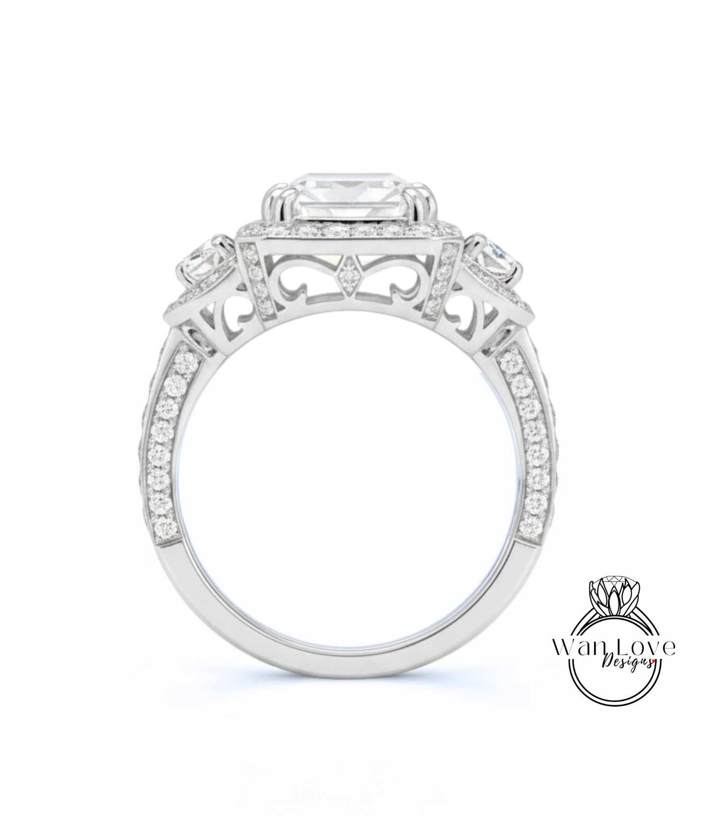 Anello di fidanzamento con diamante Baguette Emerald Halo Set di fedi nuziali curve, Anello baguette Art deco Anello di fidanzamento con taglio radiante, Regalo nuziale