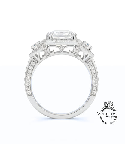 Anello di fidanzamento con diamante Baguette Emerald Halo Set di fedi nuziali curve, Anello baguette Art deco Anello di fidanzamento con taglio radiante, Regalo nuziale