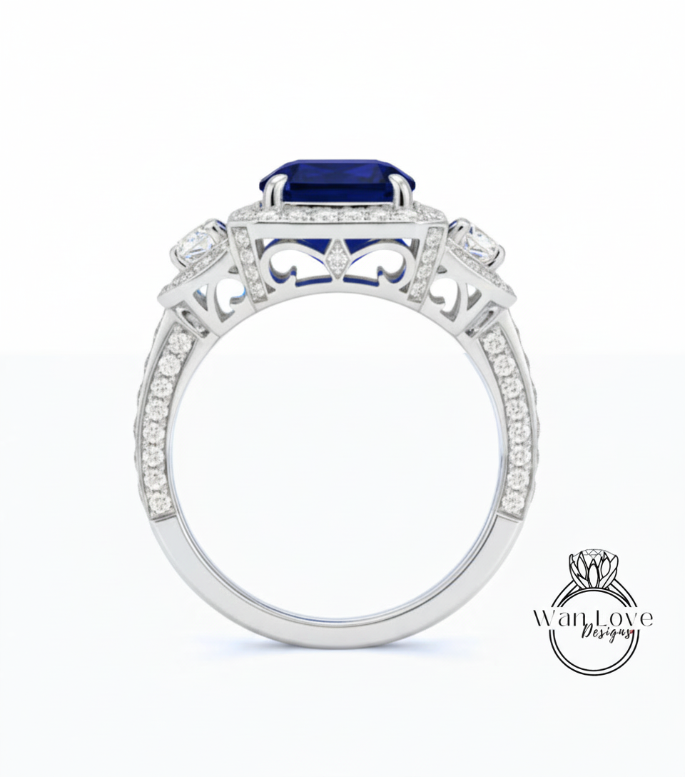 Blue Sapphire & Diamond Baguette Emerald cut 3 gemstone triple halo Engagement Ring, 14k 18k White Yellow Rose gold-Platinum-Custom-Bridal Wedding ring-Anniversary Gift