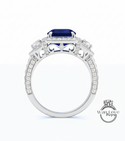 Blue Sapphire & Diamond Baguette Emerald cut 3 gemstone triple halo Engagement Ring, 14k 18k White Yellow Rose gold-Platinum-Custom-Bridal Wedding ring-Anniversary Gift