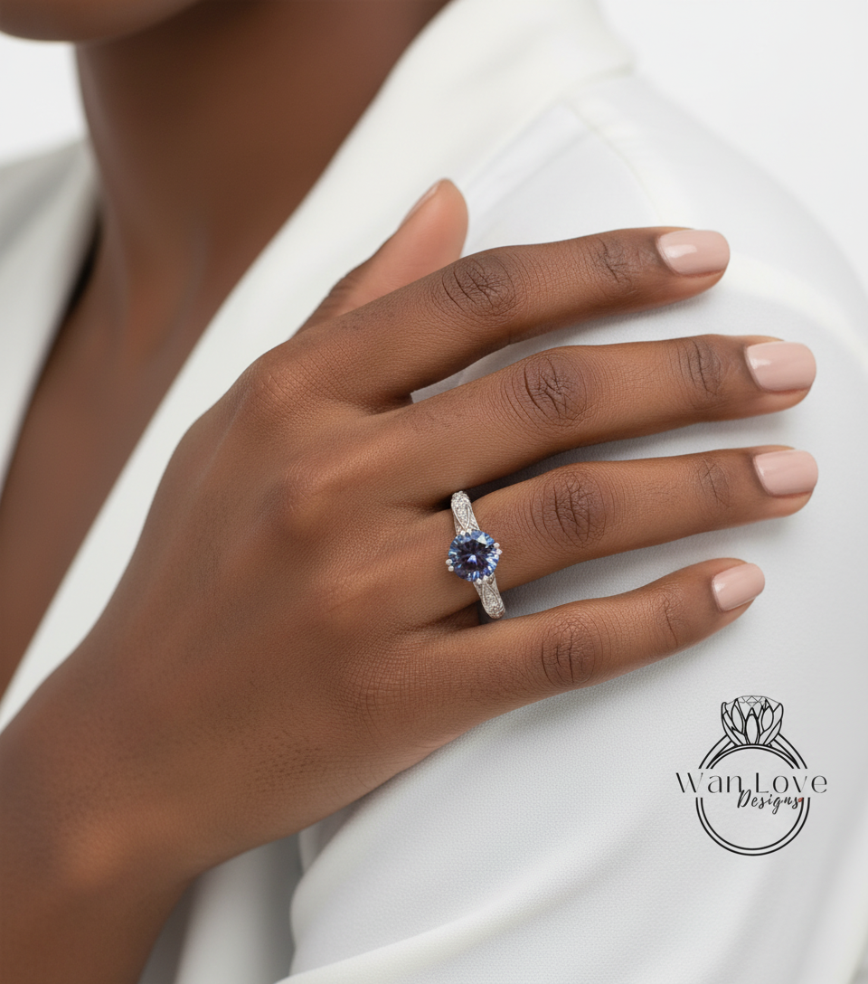 Anello di fidanzamento rotondo con incisione antica con alessandrite e diamante, personalizzato-14k 18k bianco giallo oro rosa-platino-anniversario di matrimonio