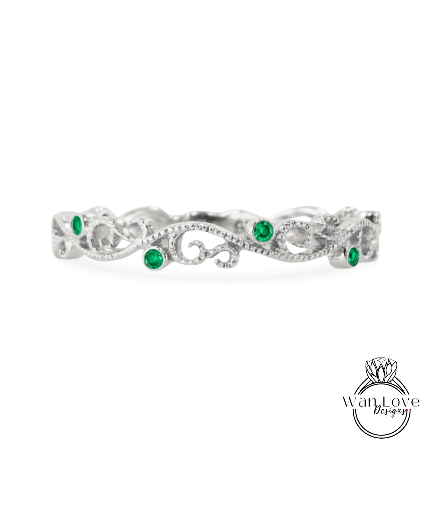 Black Diamond Spinel Milgrain Vintage Wedding Band, 3/4 Almost Eternity Ring, Stacking Wedding Band, Swirl Antique Wedding Anniversary Ring