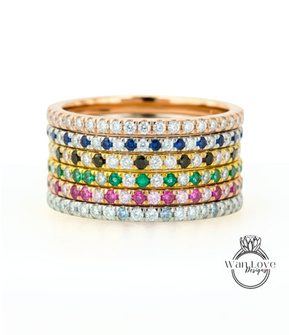 Thin Blue Sapphire Diamond Stacking Ring, Minimalist Ring, Sapphire Wedding Band 14k Gold,Half Eternity Wedding Band,Mothers Birthstone Ring