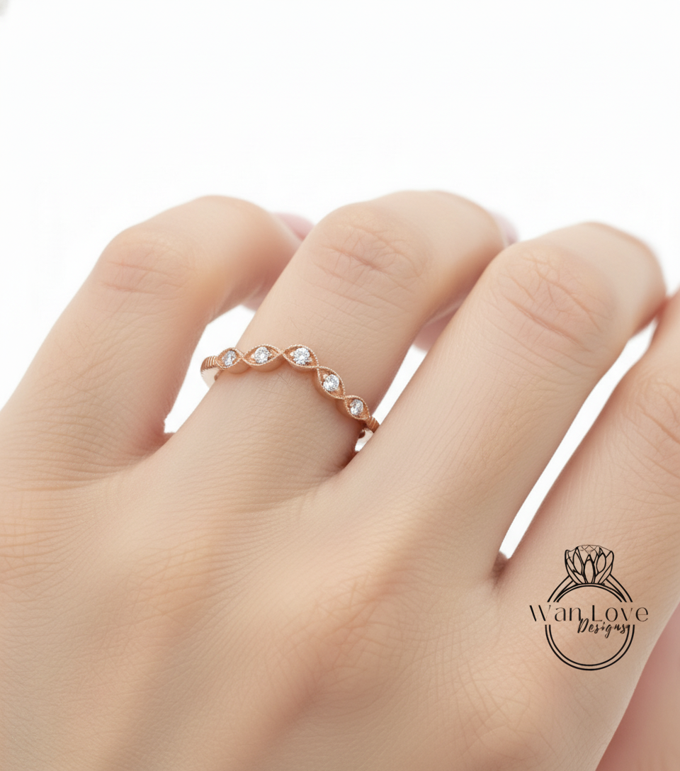 Vintage curved leaf ring, diamonds milgrain engraved antique band, womans curve moissanite ring, unique wedding ring, Birthstone Choice ring