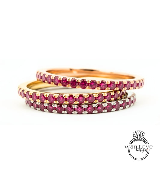 Fede nuziale con rubino Half Eternity impilabile 1,85 mm. 22 ct 14k 18k bianco giallo oro rosa-platino-su misura per la tua taglia-fidanzamento-anniversario