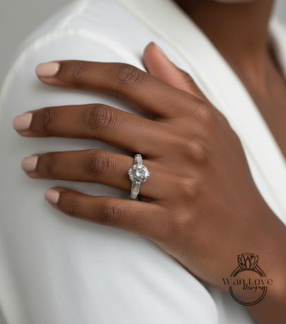 Salt & Pepper Diamond Engraved Antique Engraving Engagement Ring, Round, Custom-14k 18k White Yellow Rose Gold-Platinum-Wedding