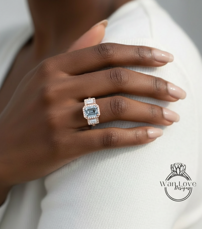 Anello di fidanzamento moissanite anello con taglio smeraldo anello in oro con tre pietre preziose anello con 3 aureole anello con diamanti moissanite anello con punta art deco vintage