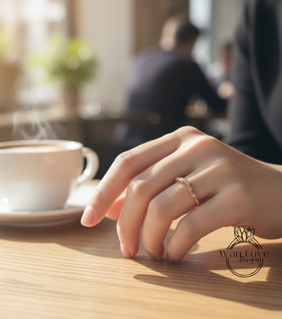 Vintage curved leaf ring, diamonds milgrain engraved antique band, womans curve moissanite ring, unique wedding ring, Birthstone Choice ring