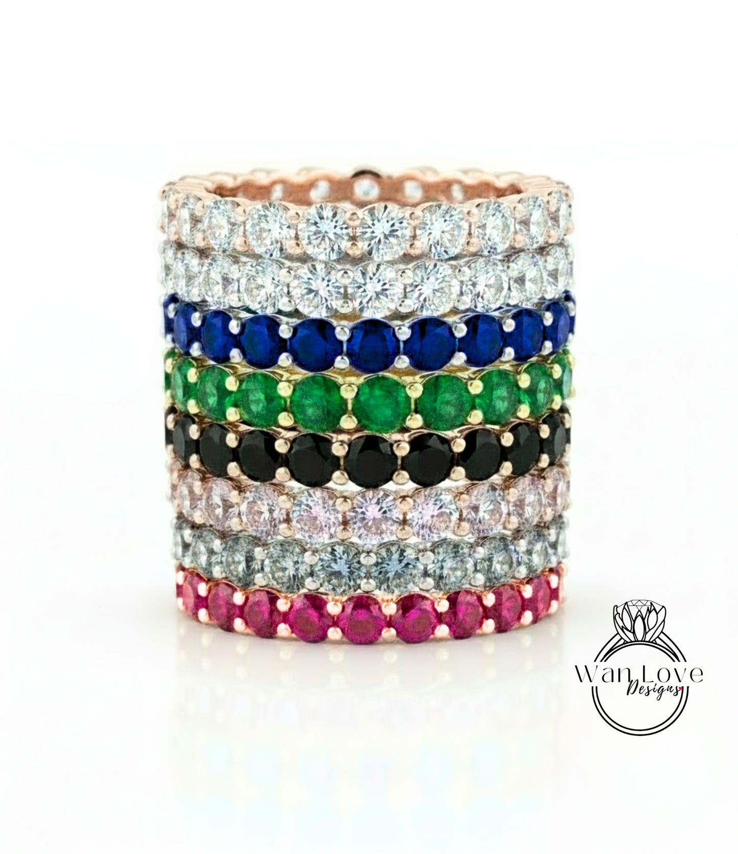 Pink Sapphire Diamond Birthstone Wedding Band Ring 3/4 Almost Eternity Band Stackable Round Custom gem choice Bridal Wedding jewelry Anniversary gift