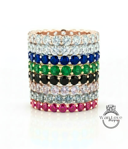 Pink Sapphire Diamond Birthstone Wedding Band Ring 3/4 Almost Eternity Band Stackable Round Custom gem choice Bridal Wedding jewelry Anniversary gift