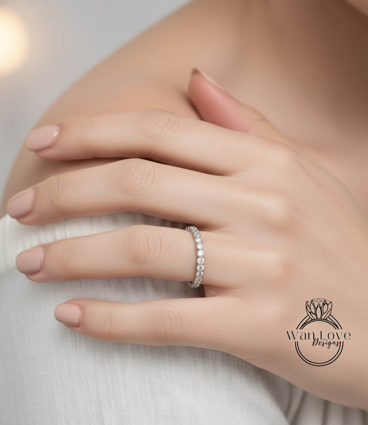 Fede nuziale con diamanti Milgrain Bezel Infinity in oro bianco fascia per l'eternità completa anello da sposa unico con bolla delicato anello di promessa abbinato impilabile