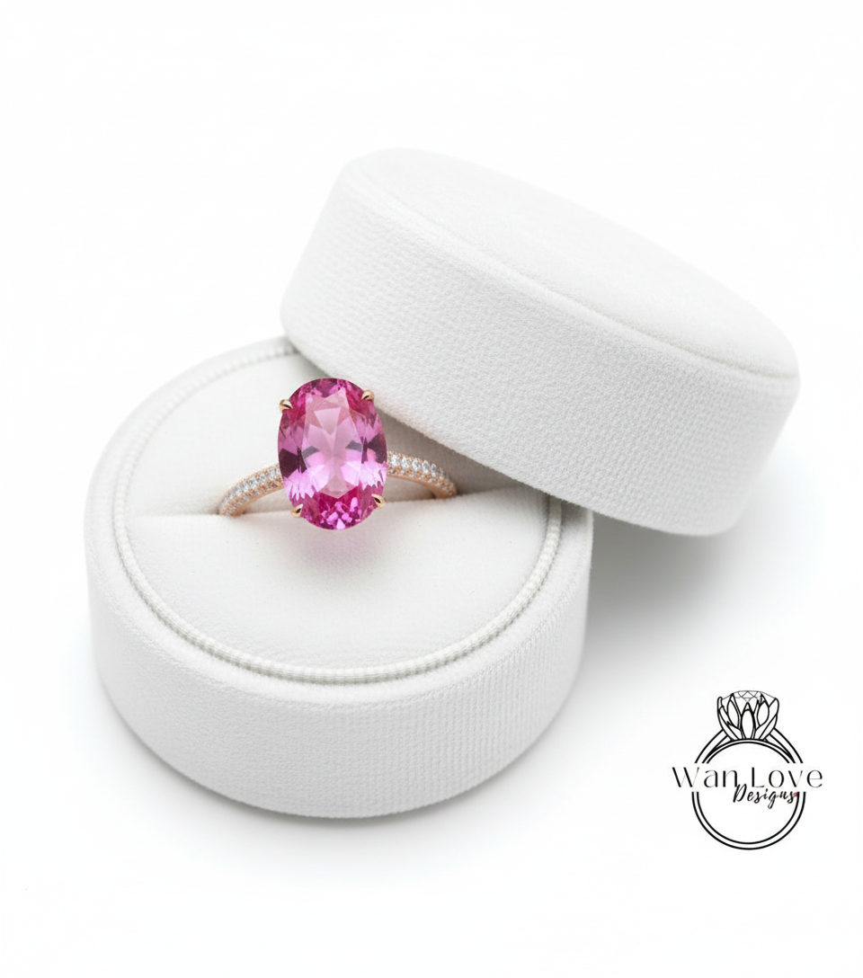 Pink Sapphire & Diamond Engagement Ring Side Halo 3/4 Almost eternity Oval, 9ct, 15x10mm, Custom,14k 18k White Yellow Rose Gold-Platinum