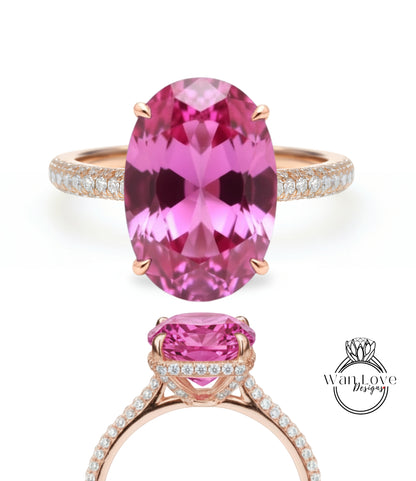 Pink Sapphire & Diamond Engagement Ring Side Halo 3/4 Almost eternity Oval, 9ct, 15x10mm, Custom,14k 18k White Yellow Rose Gold-Platinum