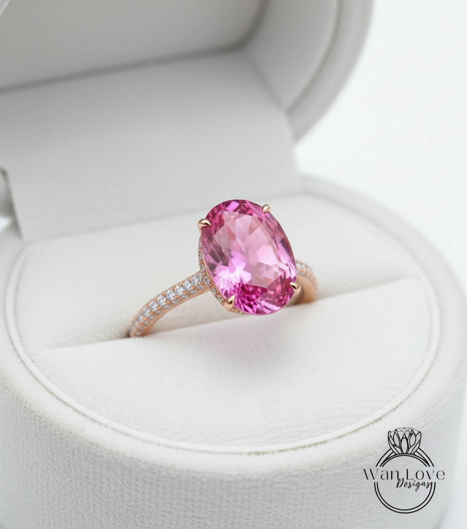 Pink Sapphire & Diamond Engagement Ring Side Halo 3/4 Almost eternity Oval, 9ct, 15x10mm, Custom,14k 18k White Yellow Rose Gold-Platinum